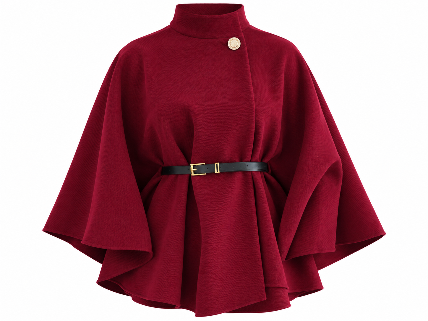 Red waist-cinched tweed coat with black belt