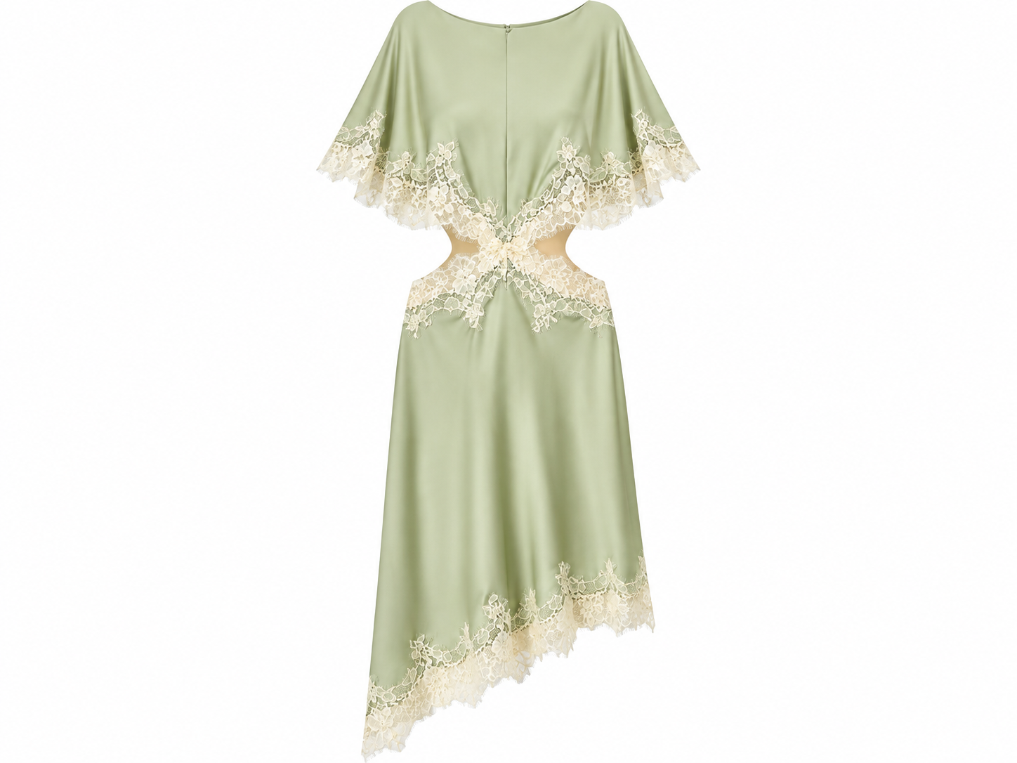 Asymmetric satin lace midi dress in sage green with cutouts