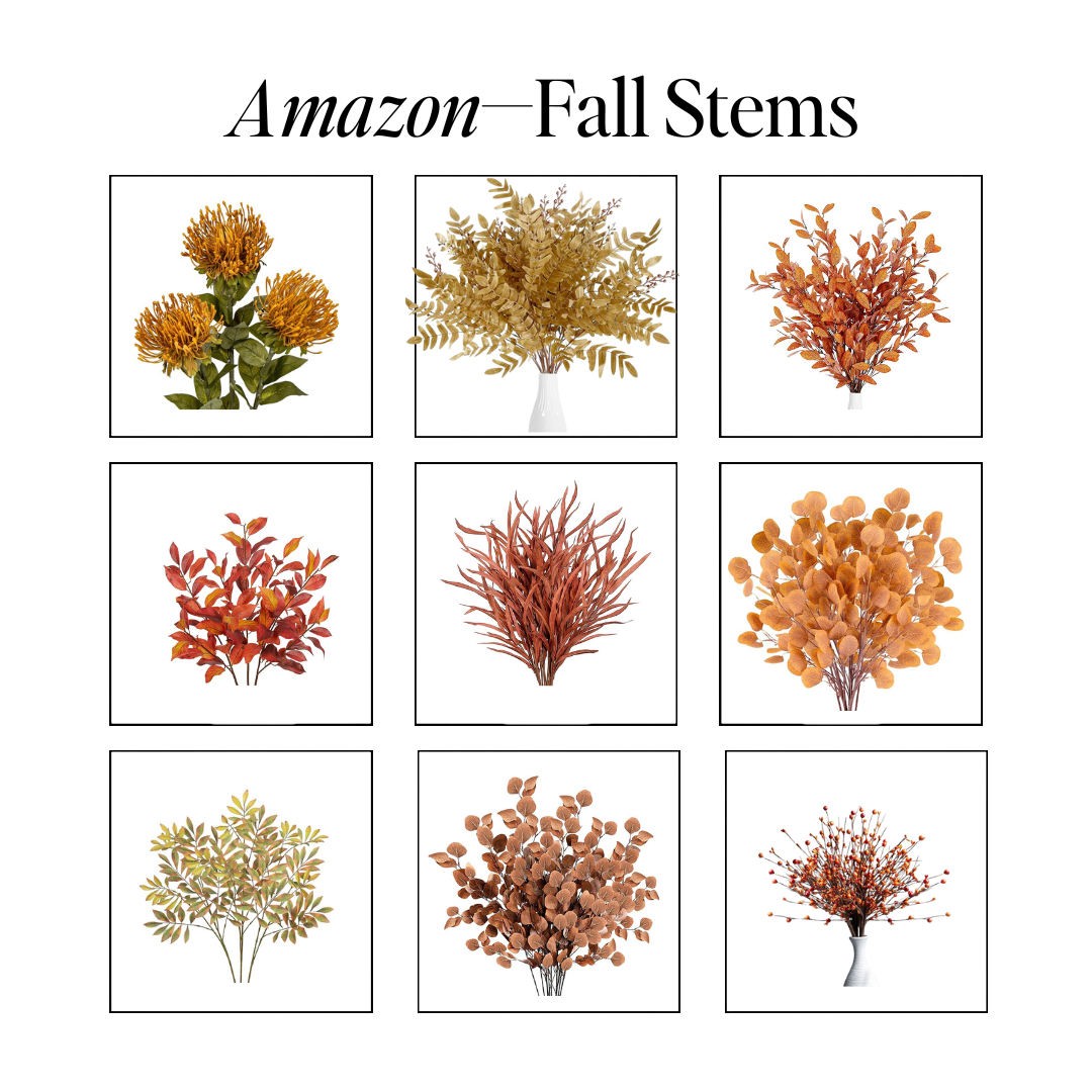 Create a cozy autumn look with these faux pampas grass and maple leaf stems available for purchase.