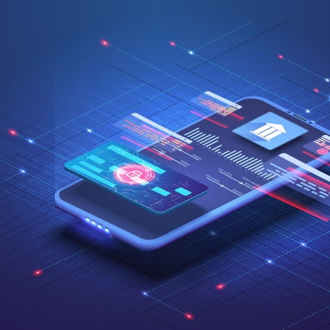 Illustration einer digitalen Banking-Plattform auf einem Smartphone – mit holografischer Benutzeroberfläche, Zahlungskarte, Sicherheits-Symbol und Datenvisualisierungen – symbolisiert Embedded Finance, API-Banking und FinTech-Integration in Echtzeit.