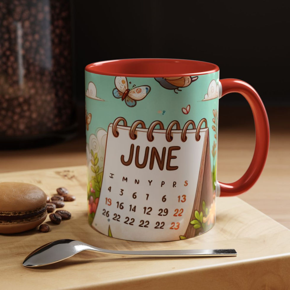 Monats-Tasse „June“ mit poetischer Botschaft. “June” monthly mug with poetic message
