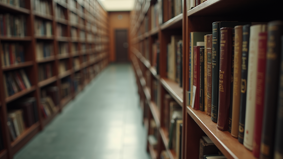 Vista en ángulo alto de una biblioteca con libros cristianos