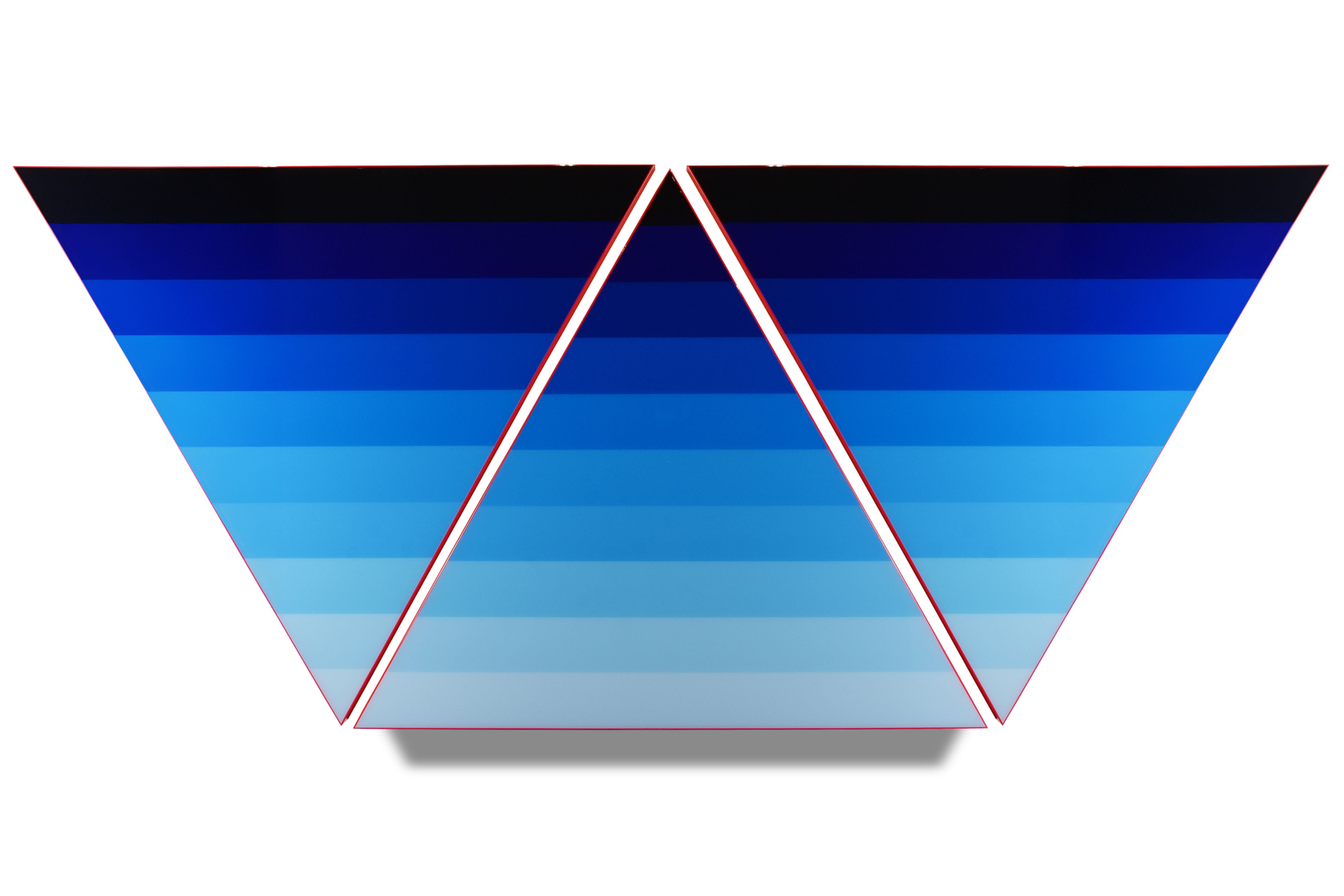 Blue Triangle Triptych with Fluorescent Pink sides, geometric triptych painting by Jarrad Heaslip
