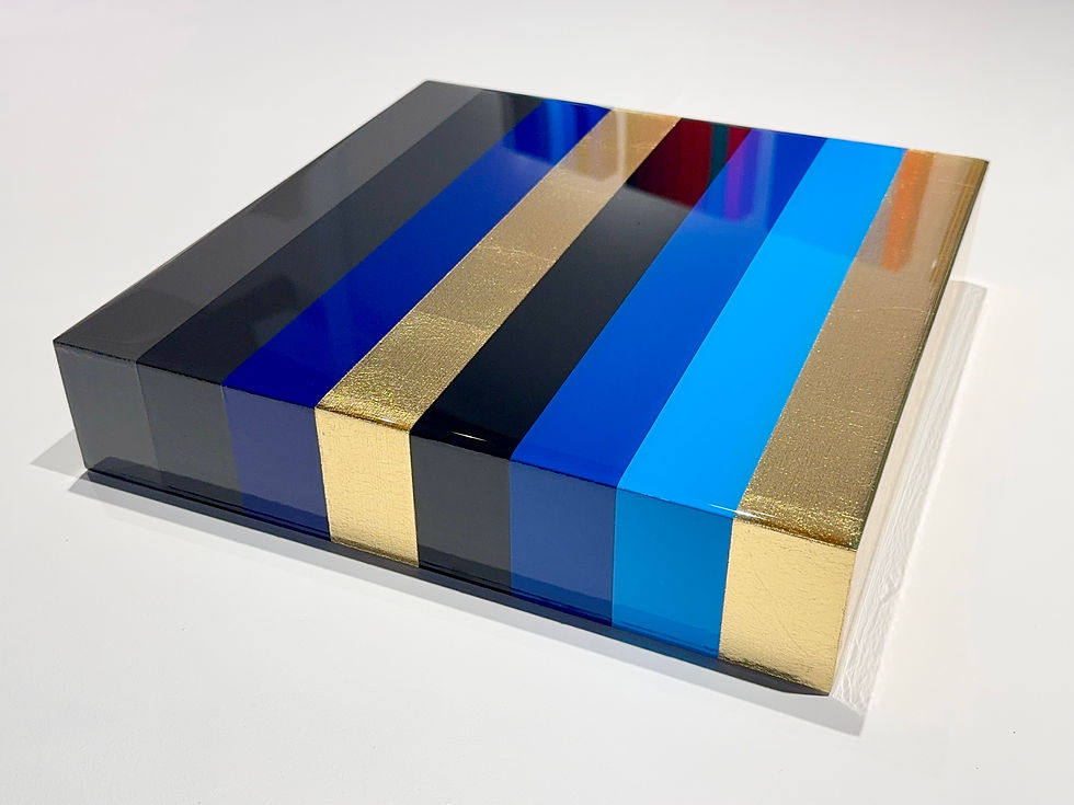 Blue and Black with Gold Leaf - 12", gold leaf with black and blue stripes, abstract painting by Jarrad Heaslip