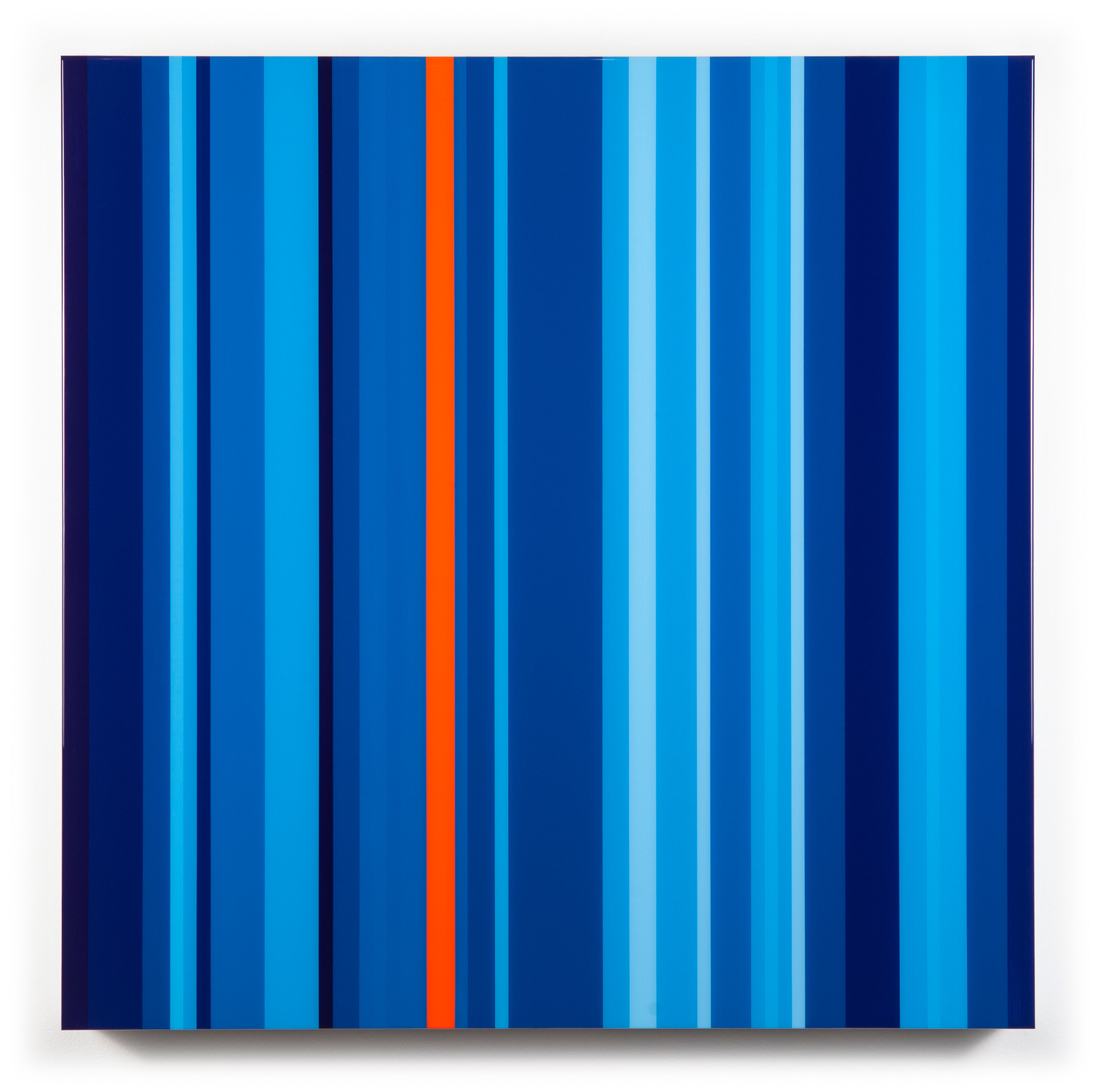 Blue with Fluorescent Orange - 36", fluorescent orange, blue striped abstract painting by Jarrad Heaslip