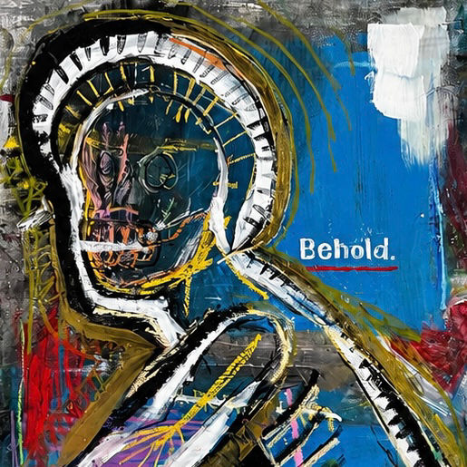 Neo-expressionist skull artwork with the text Behold.