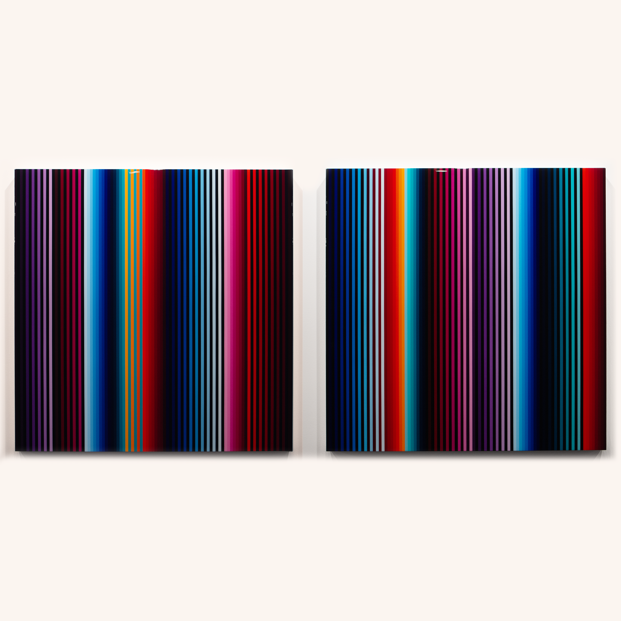Multicolored 48" Pair, red and multicolored striped abstract painting by Jarrad Heaslip