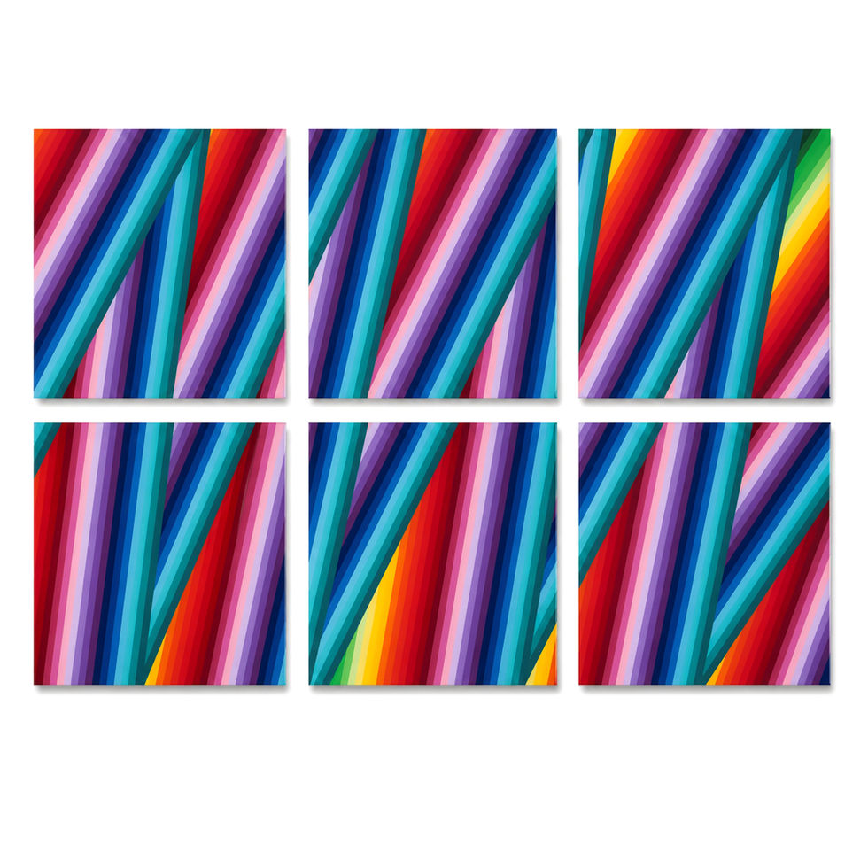 Six-panel artwork, colorful diagonal rainbow stripes