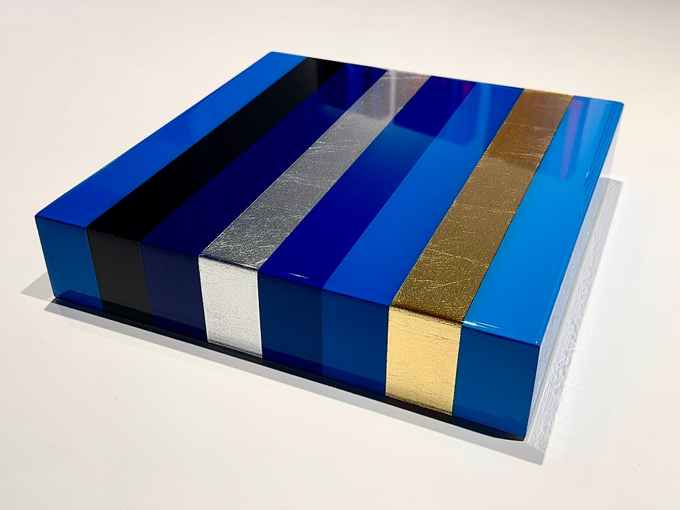 Blue with Gold and Silver Leaf - 12", silver and gold leaf, and blue striped abstract painting by Jarrad Heaslip