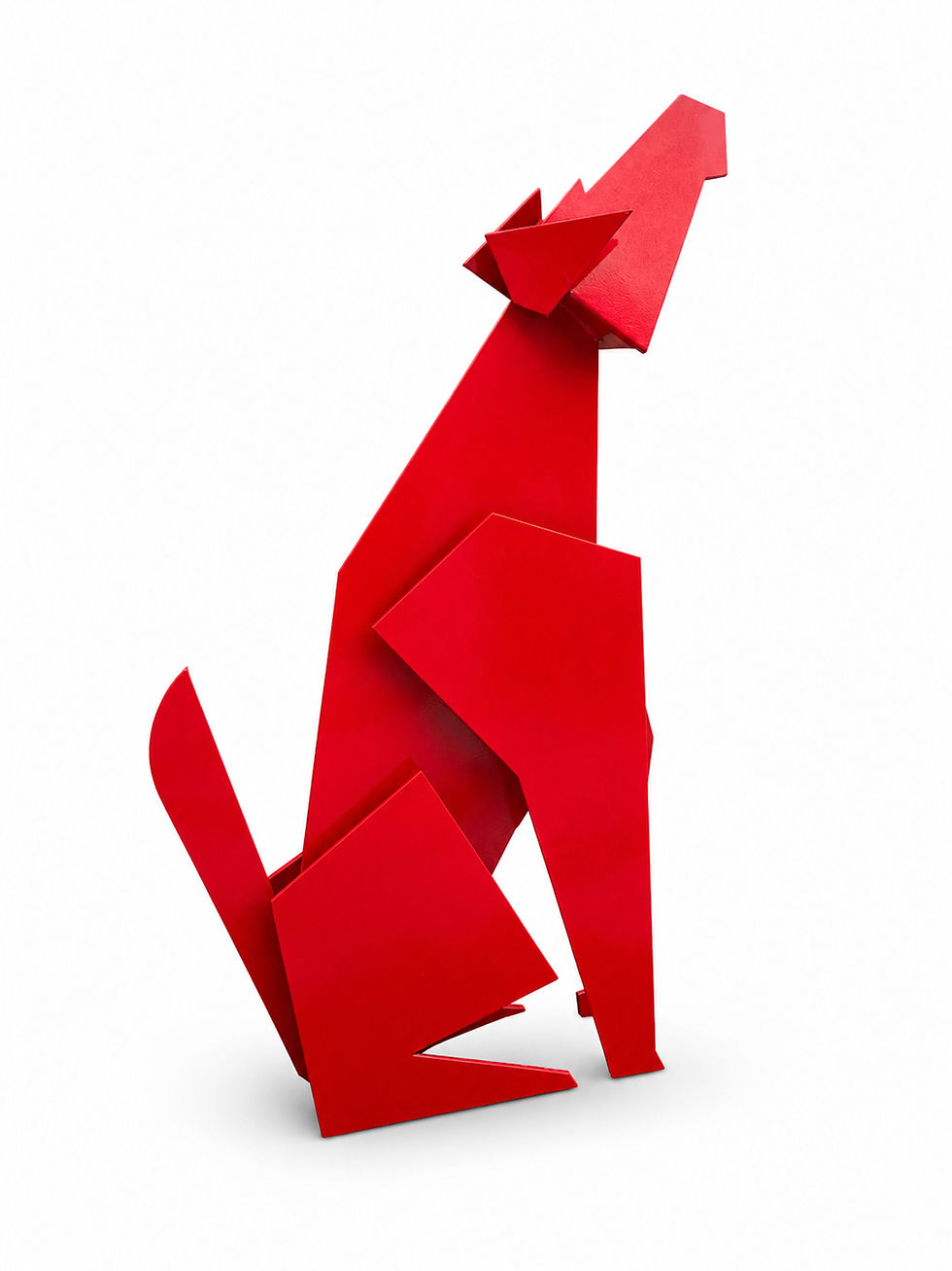 Red geometric sitting metal dog sculpture commission