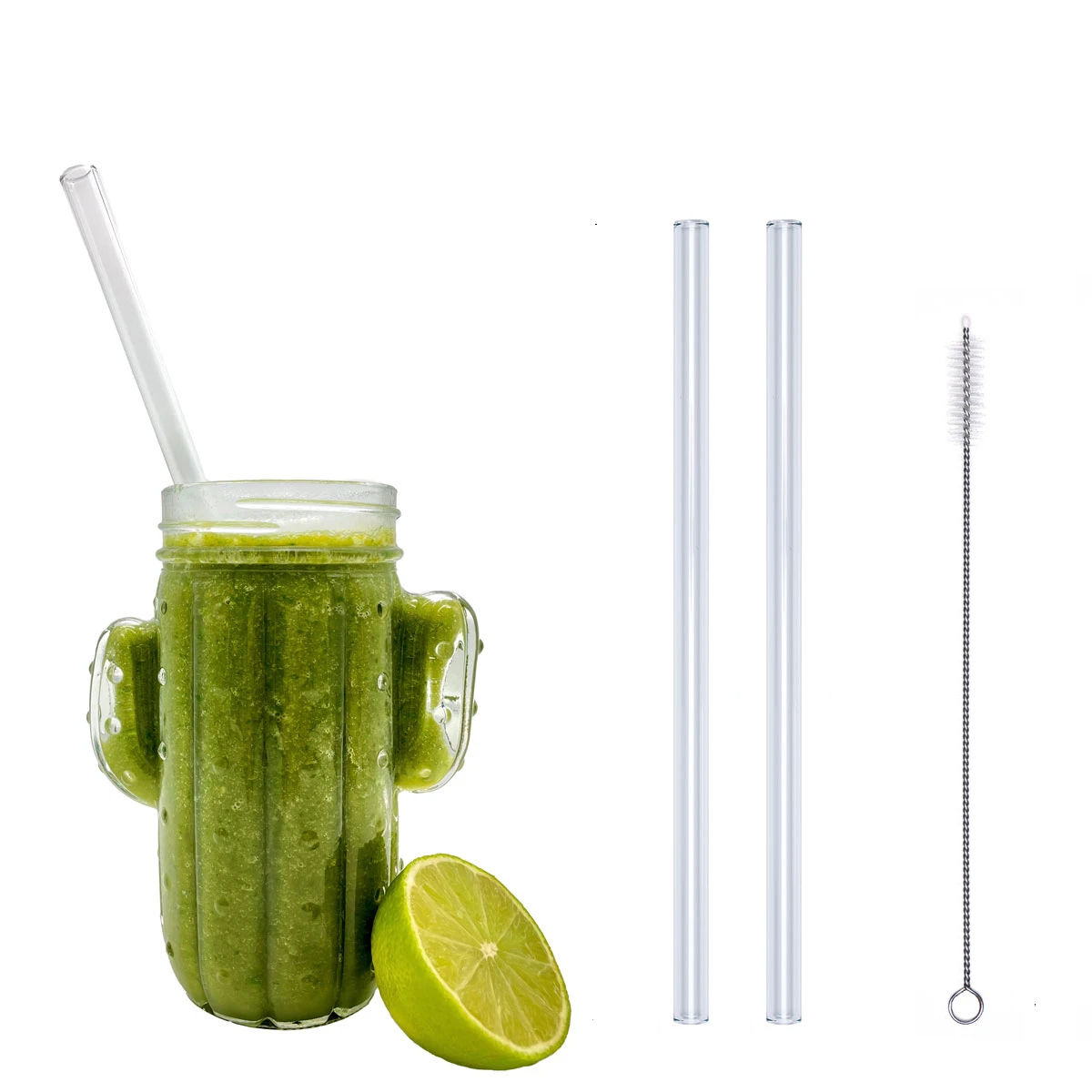 2 klare Glastrinkhalme „Extra Smoothie“ + Reinigungsbürste