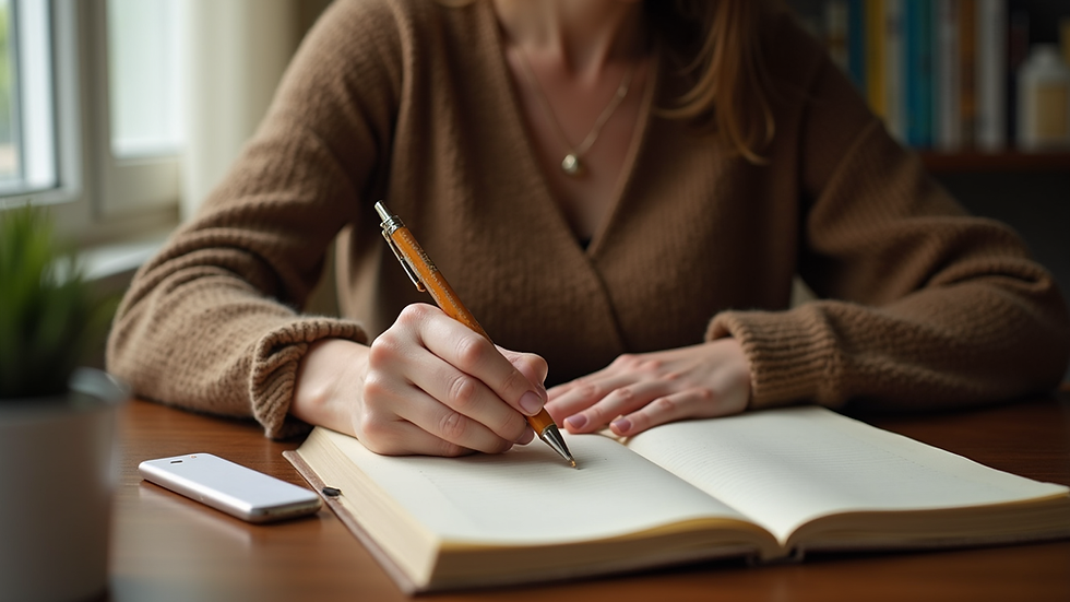 Eye-level view of a woman writing in a journal at a cozy desk