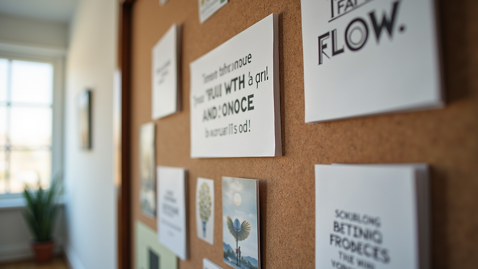 Close-up of a vision board with motivational quotes and images arranged neatly