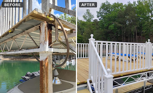 Before and after of a dock frame repaint on Lake Lanier — a rusted, corroded post repaired and painted white