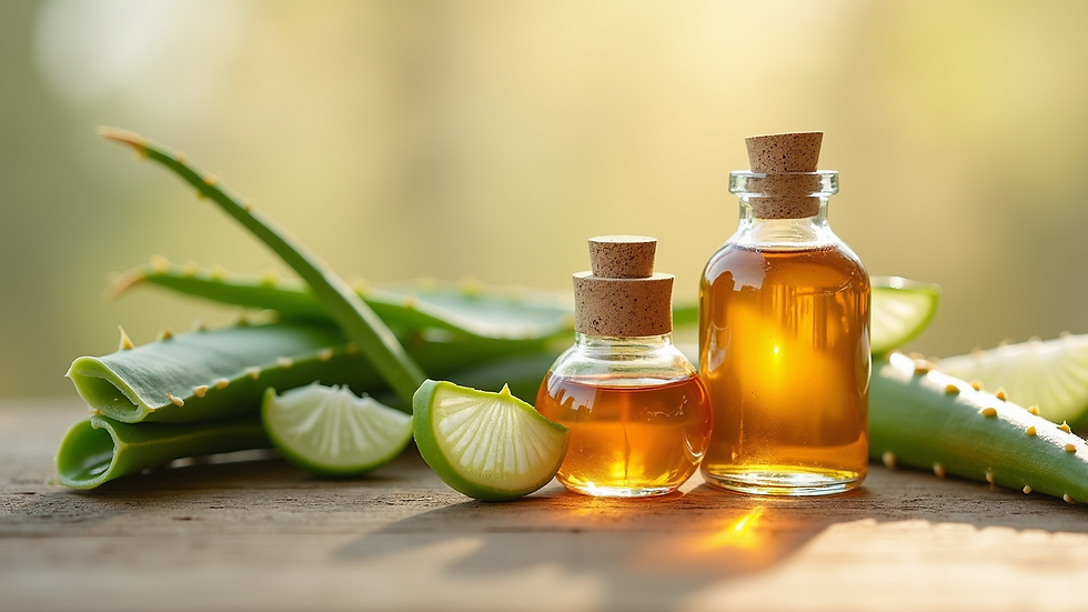 Close-up view of natural skincare ingredients including aloe vera and rosehip oil