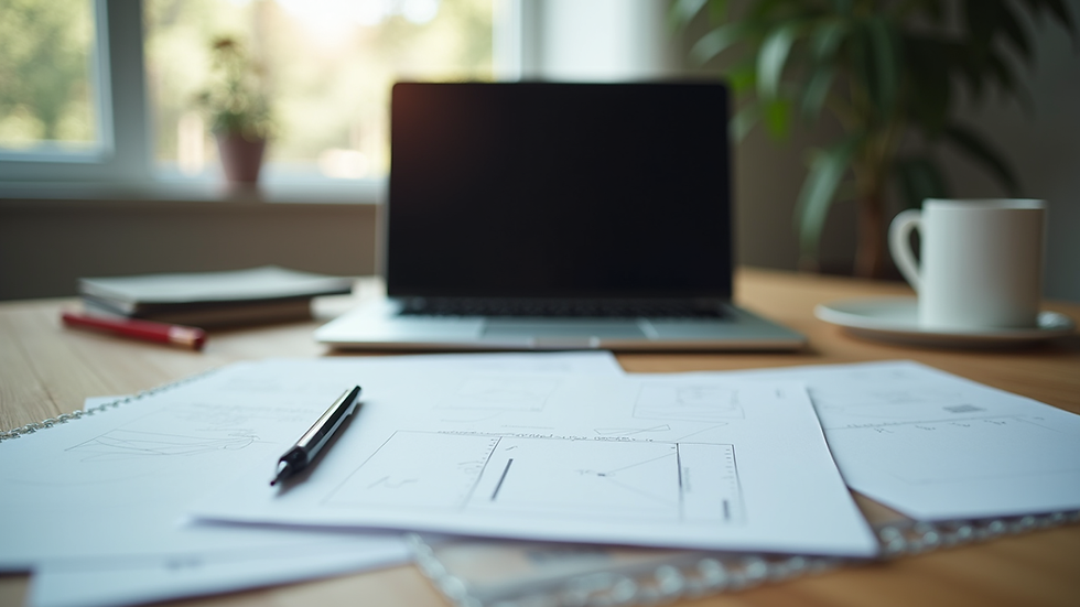 Eye-level view of a modern workspace with organized documents and a laptop