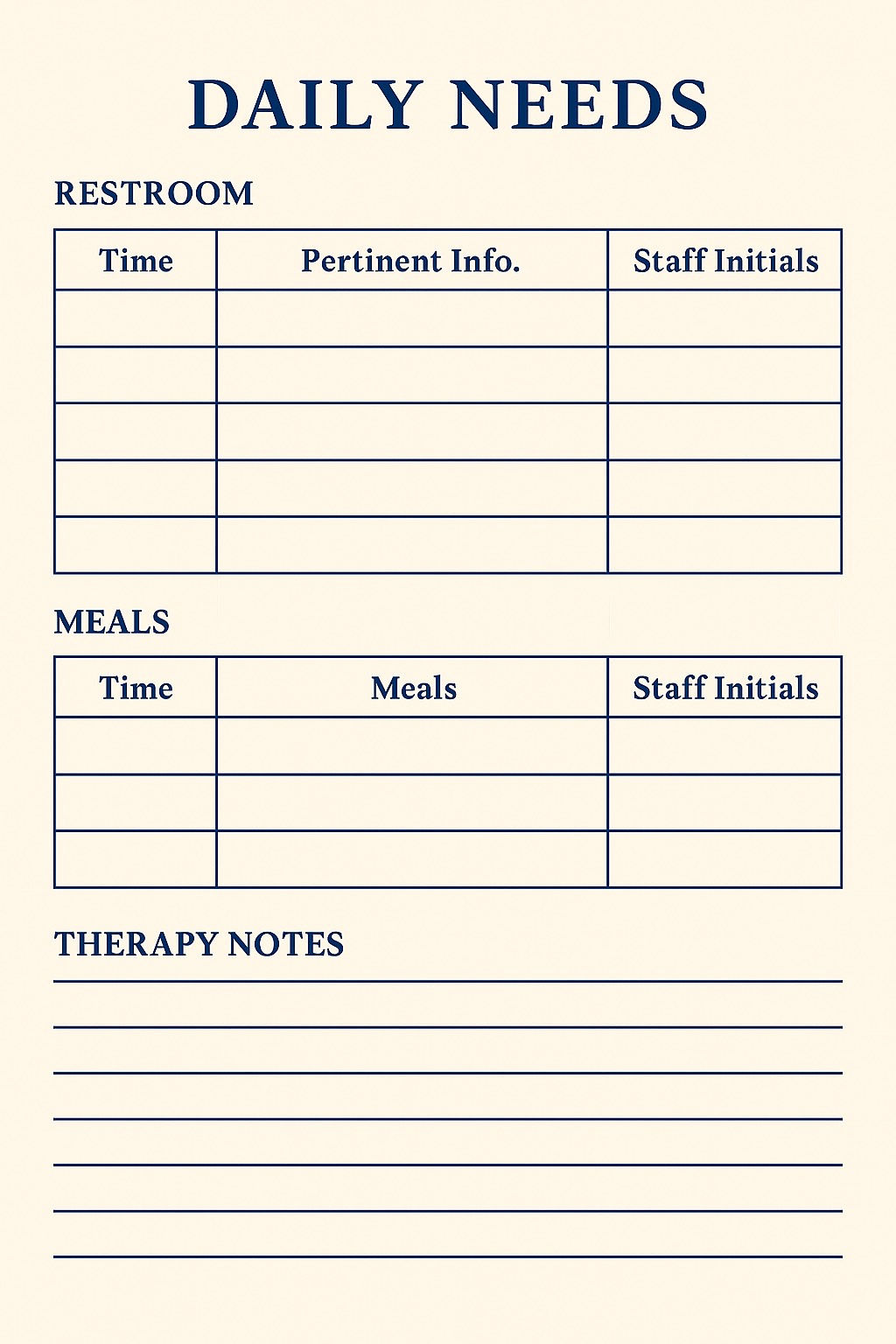 Daily Needs ( for students who can't communicate restroom, meals, therapies)