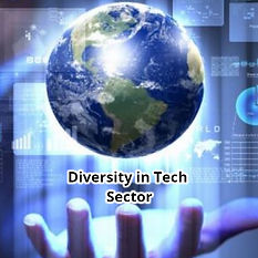 a globe suspended over a hand with words diversity in tech sector