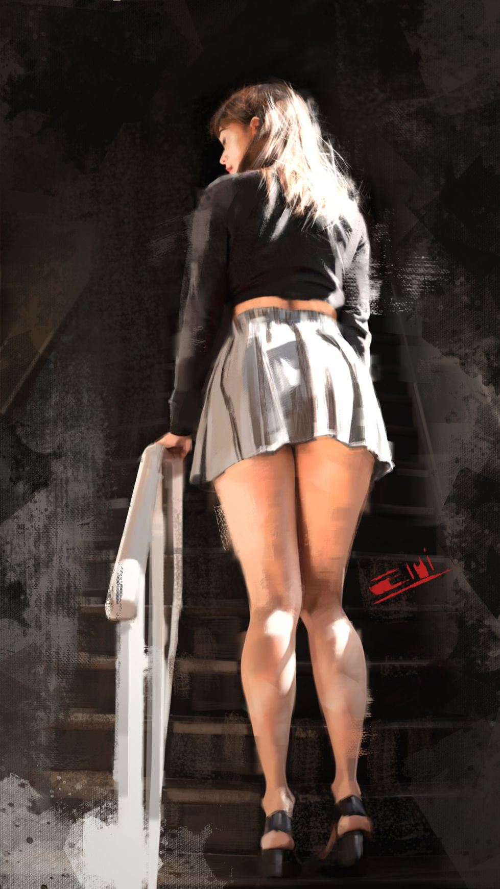Chica, escalera.