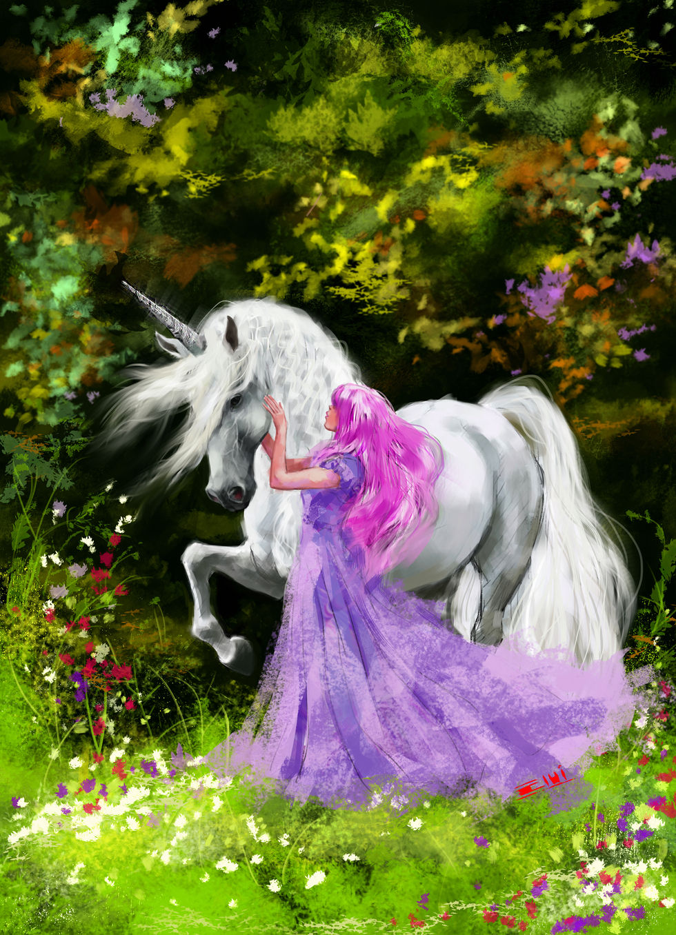 Unicornio en el bosque.