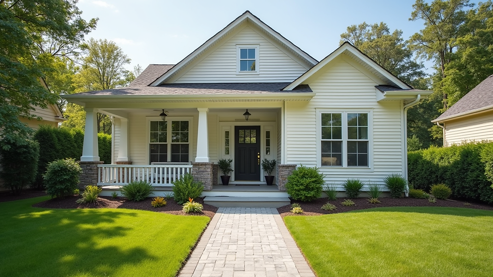Wide angle view of a freshly painted house exterior with clean landscaping