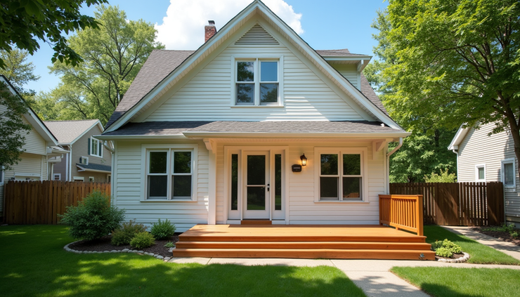 Eye-level view of a freshly painted house exterior with a restored wooden deck in Rolla Missouri