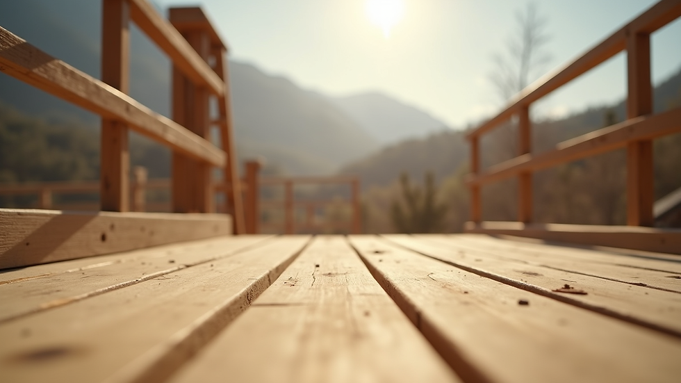 Eye-level view of wooden deck with railing under construction