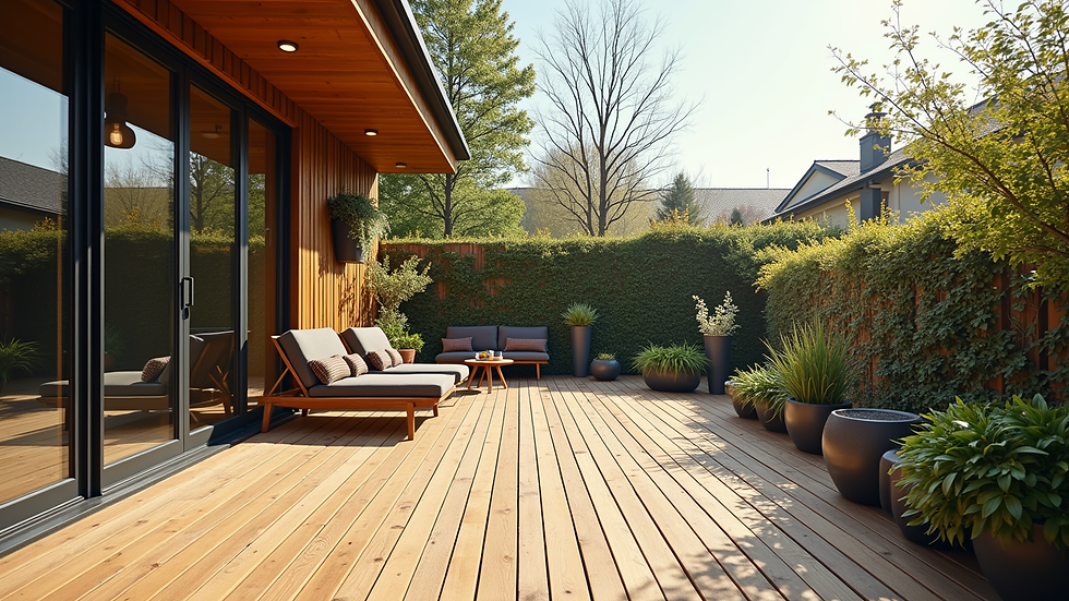Wide angle view of a finished wooden deck with outdoor furniture and plants