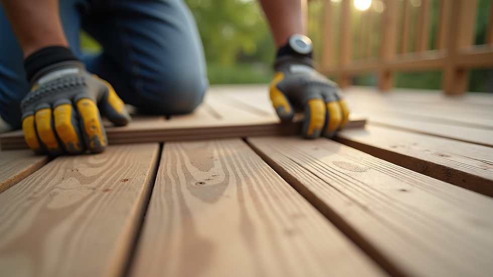 Close-up view of contractor installing wooden deck boards