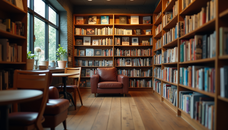 Eye-level view of a cozy local bookstore with wooden shelves filled with books