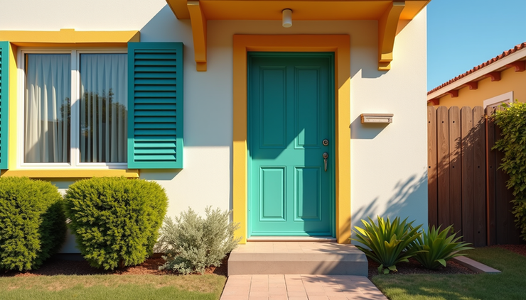 Eye-level view of a freshly painted house exterior with vibrant colors and clean lines