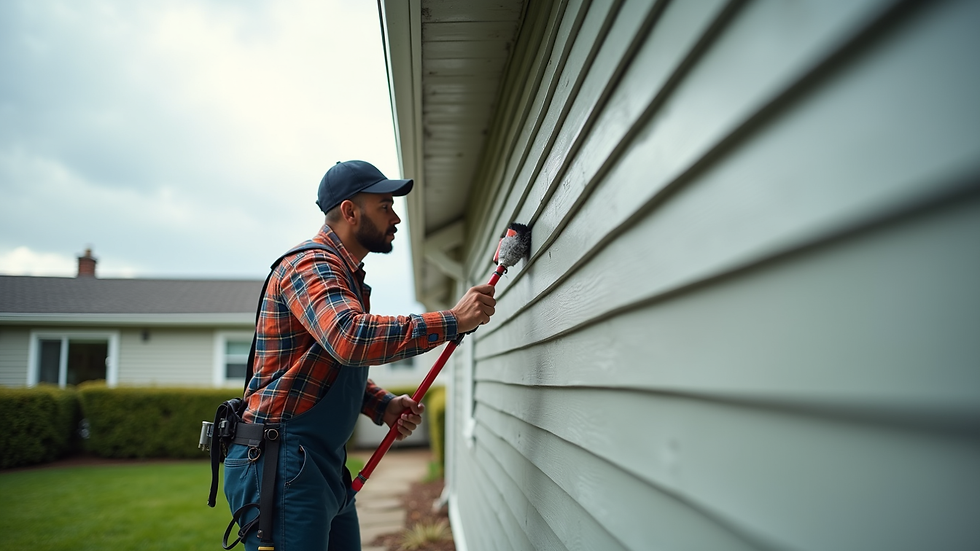 Wide angle view of a professional cleaning a home’s exterior siding