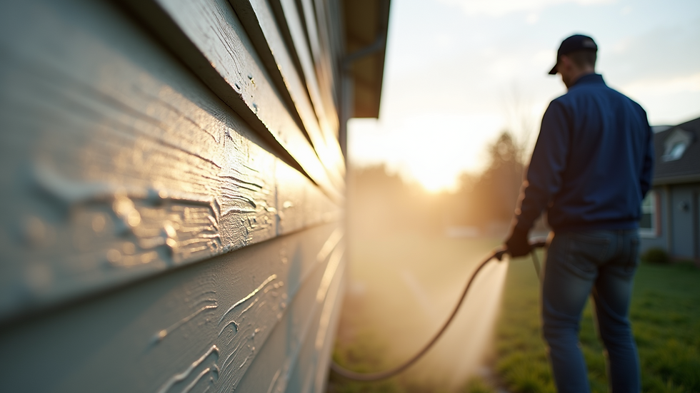 Close-up view of a pressure washer cleaning house siding