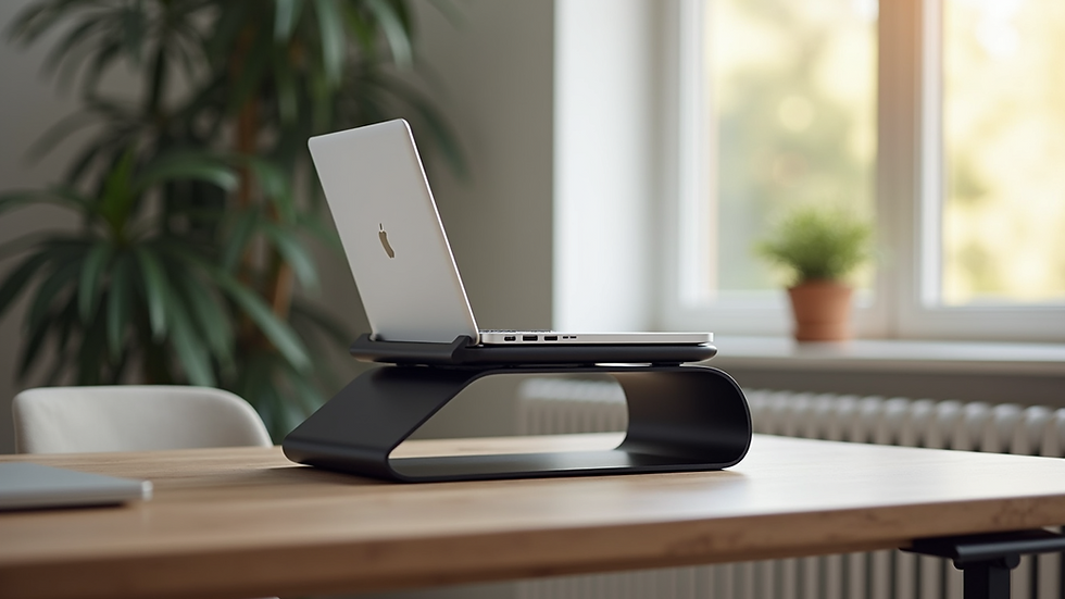 Wide angle view of a stylish laptop stand for ergonomic use