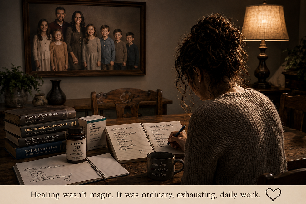 A woman sit at a table and writes notes. She has a stack of counseling textbooks on the table and Vitamin B12. The caption says: Healing wasn't magic. It was ordinary, exhausting, daily work.