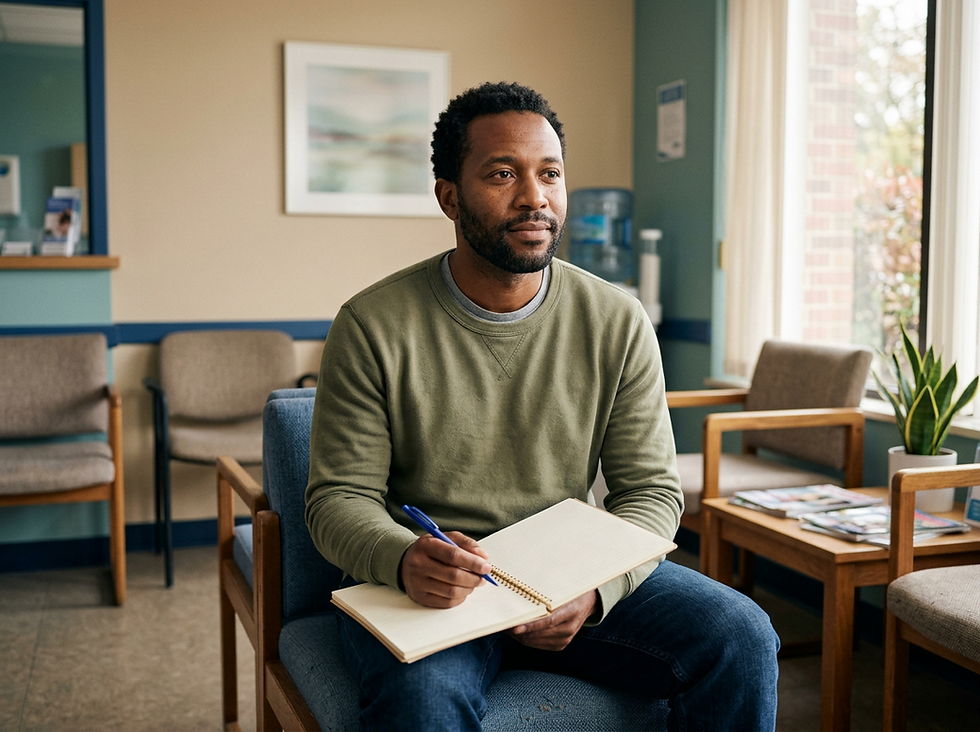 a calm person holding a notebook in a quiet clinic waiting area