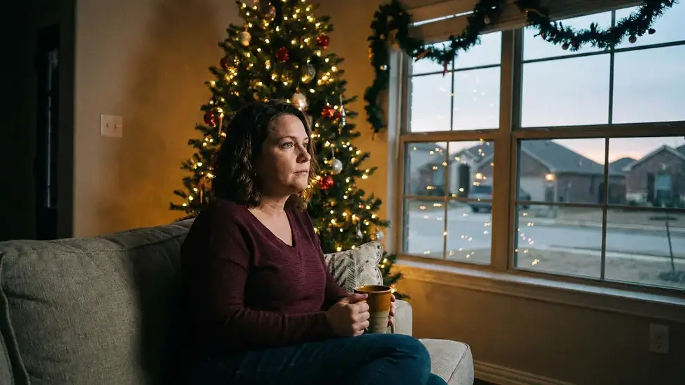 Woman sitting by Christmas tree looking sad - Adelson Behavioral Mental Health.
