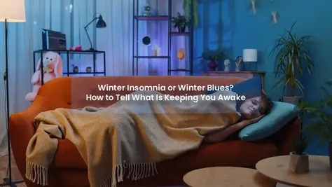 Cozy yet restless: Battling winter insomnia or the blues on a comfy sofa, wrapped in warmth amidst a calm, vibrant setting.