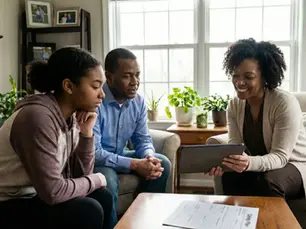 A therapist discusses depression warning signs with concerned parents and a teenager during a counseling session at home.