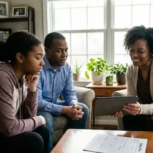 A therapist discusses depression warning signs with concerned parents and a teenager during a counseling session at home.