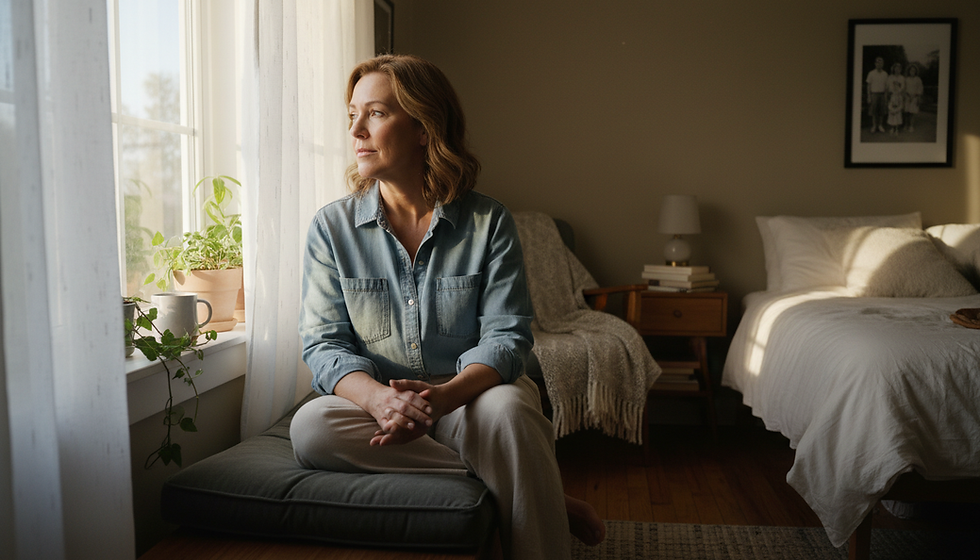 a woman sitting quietly near a sunny bedroom window.