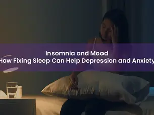 A woman sits on her bed in a dimly lit room, holding her head in distress. The image highlights the connection between insomnia and mood, suggesting that improving sleep can alleviate symptoms of depression and anxiety.