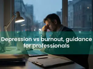 Man stressed at desk with head in hand, laptop open. Lamp on, evening city view outside. Text: "Depression vs burnout, guidance for professionals."