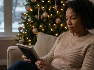 A woman sits by a softly glowing Christmas tree, holding a photo frame, as she reflects during the holiday season, illustrating the challenge of coping with grief at Christmas.