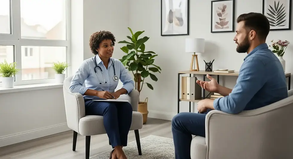 A psychiatrist engages in a thoughtful conversation with a patient in a serene, modern office adorned with plants and art, creating a calming atmosphere for therapy.