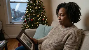 A woman sits thoughtfully by the window, surrounded by the warm glow of Christmas lights, as she reflects on a framed photograph.