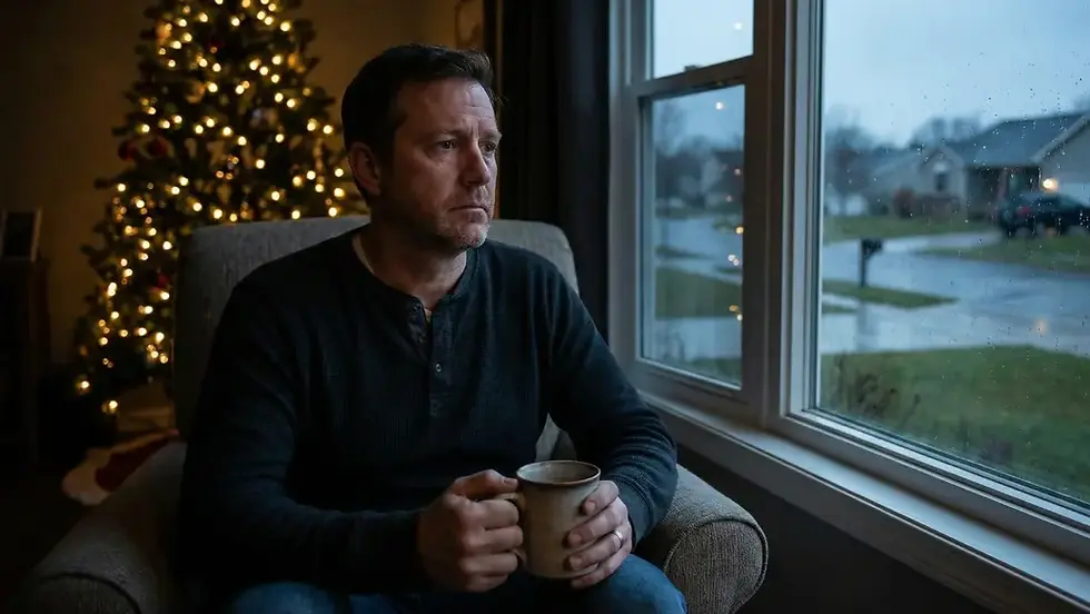 A man sits by the window, holding a mug and gazing outside, seemingly lost in thought. Behind him, the soft glow of a Christmas tree contrasts with the somber atmosphere, highlighting the theme of Christmas depression and the need for support during the holiday season.