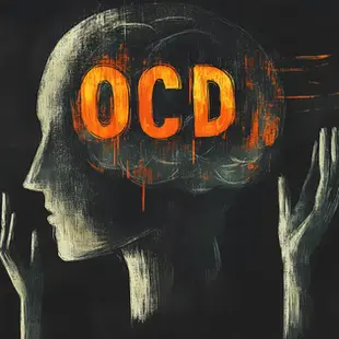 Abstract depiction of a silhouette in thought, highlighted by the bold orange letters "OCD" on the brain, with raised hands against a dark background.