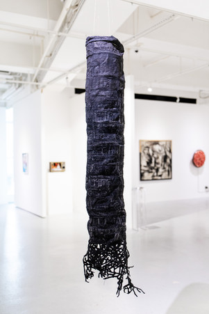 Yim Yen Sum, Breath Beneath the Gold, silkscreen and embroidery on gauze; gauze dyed with acrylic pa