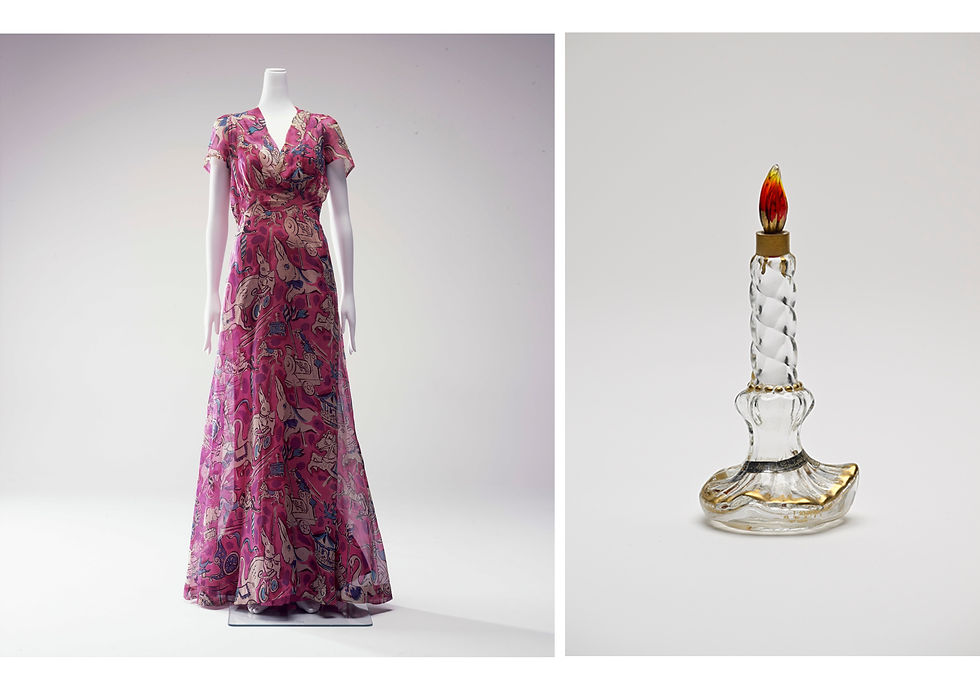 Left: Elsa Schiaparelli, Evening Dress (Circus Collection), 1938, Iwami Art Museum (on display until May 17, 2026) / Right: “Perfume Bottle“Sleeping,” 1938, Pola Museum of Art